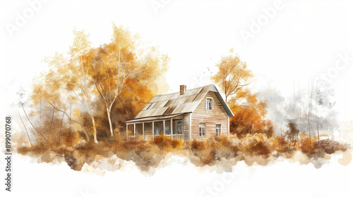 A quaint wooden cabin nestled amongst fall foliage, painted in a watercolor style. photo