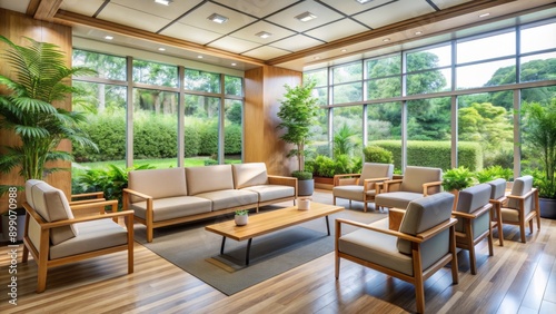 Soothing natural light pours through large windows framing lush greenery and wooden accents in a tranquil hospital waiting area.