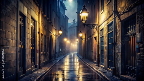 Ominous and foreboding narrow city alleyway with dimly lit streetlights casting long shadows on wet pavement at night.