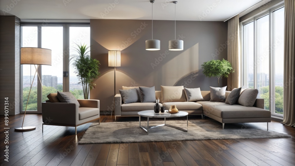 Fototapeta premium Contemporary minimalist living room with sleek dark floors, sparse modern furniture, and gleaming chrome floor lamps illuminating a neutral color palette.