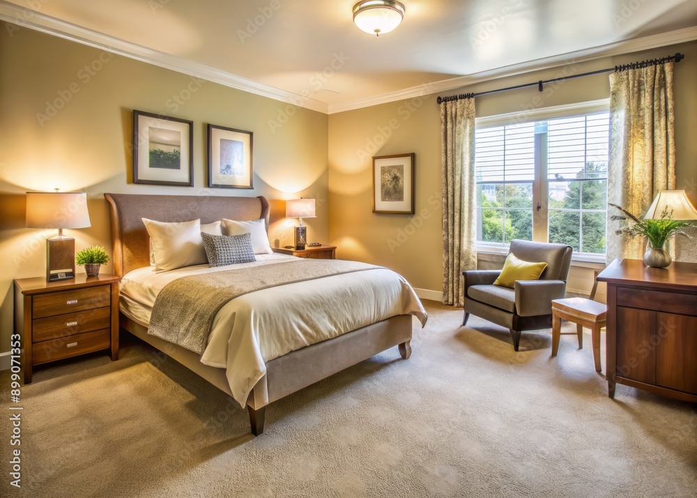 Well-lit, beige-walled bedroom with plush carpet, comfortable bed, wooden nightstands, and large window with soft drapery in a modern senior living facility. Well-lit, beige-walled bedroom with plush carpet, comfortable bed, wooden nightstands, and large window with soft drapery in a modern senior living facility.