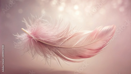 Delicate pink feather floats serenely against soft pale pink background, showcasing intricate textures and airy lightness in stunning high definition detail.