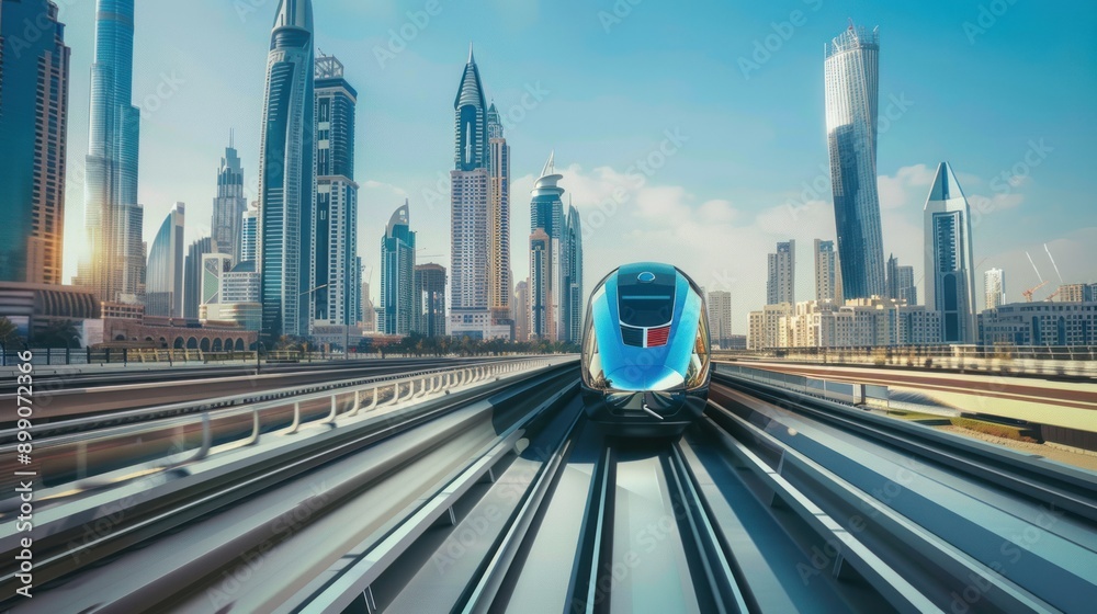 Fototapeta premium Futuristic Train Through Dubai Skyline