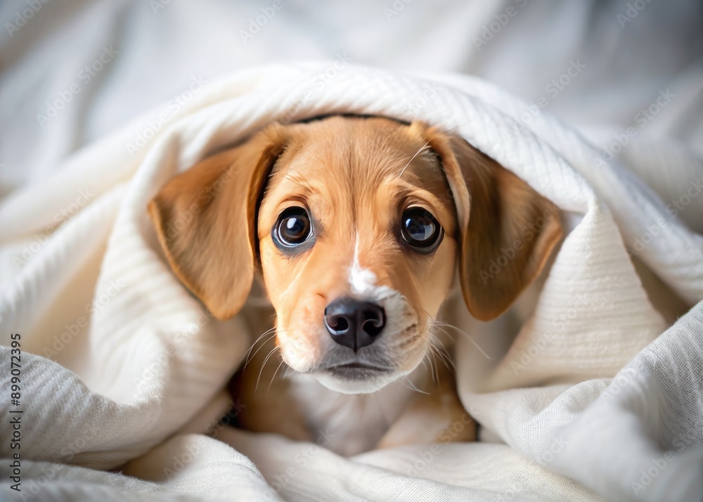 Adorable puppy peeking out from under a white blanket on a cozy morning, its playful face and big brown eyes shining with innocence and mischief. Adorable puppy peeking out from under a white blanket on a cozy morning, its playful face and big brown eyes shining with innocence and mischief.