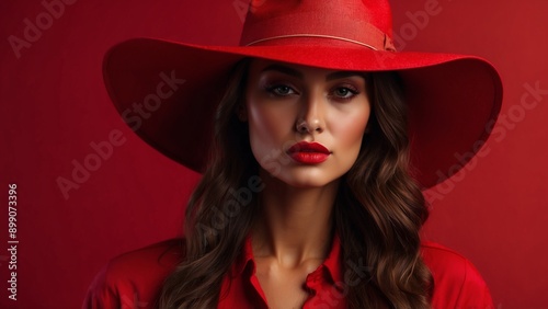 Elegant woman in red dress and hat with an intense, serious demeanor, embodying sophistication and class.