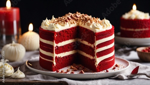 A delicious four-layered red velvet cake with cream cheese frosting, topped with chopped nuts, and candles in the background. photo