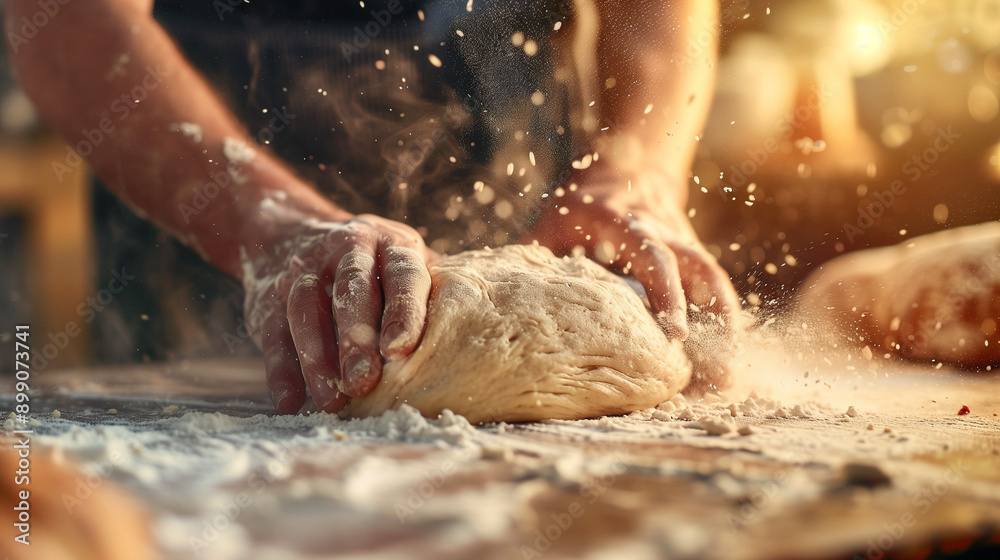 Artisan Baker Kneading Dough with Flour Dust in Rustic Bakery Artisan Baker Kneading Dough with Flour Dust in Rustic Bakery