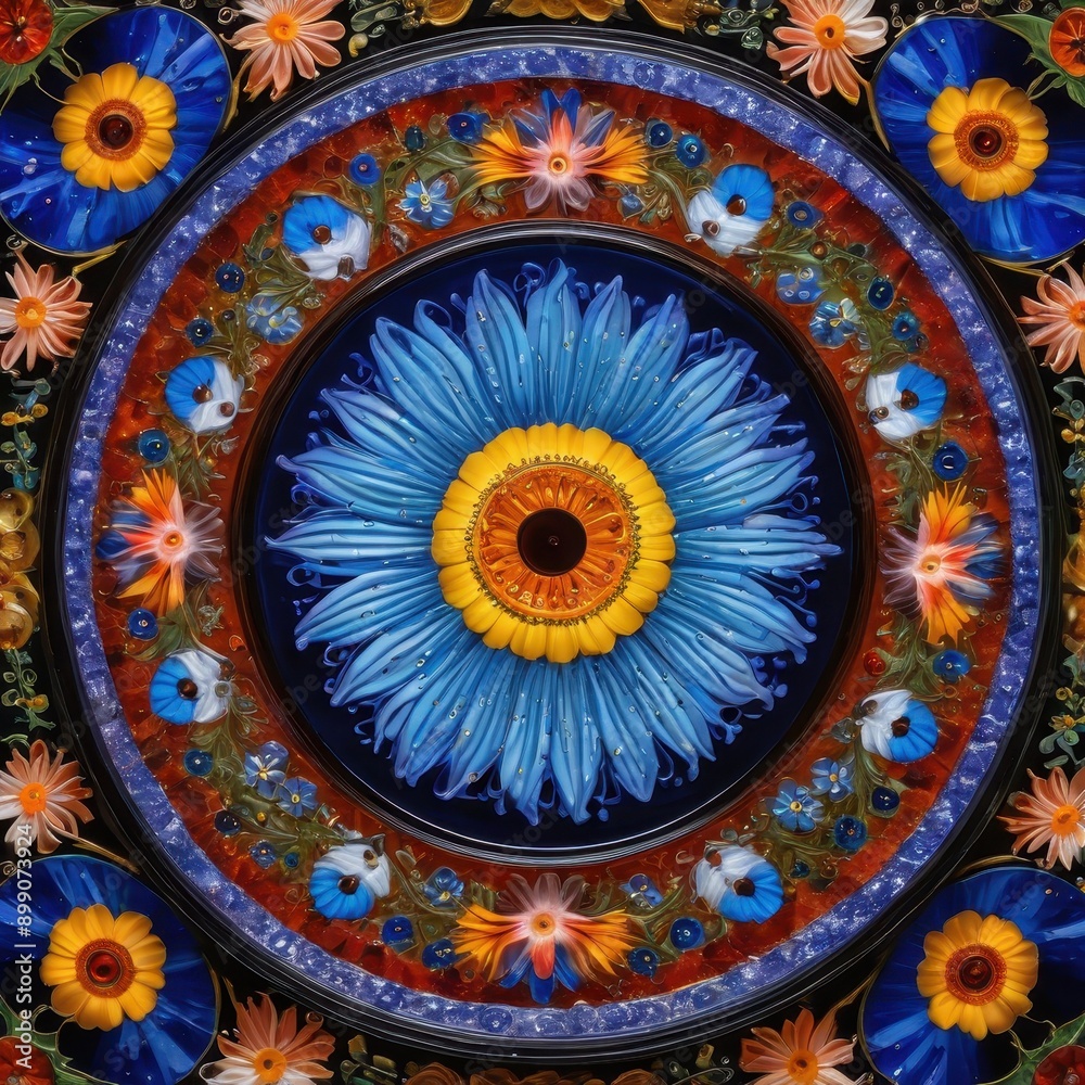 Fototapeta premium Circular Floral Pattern with Blue and Yellow Colors.