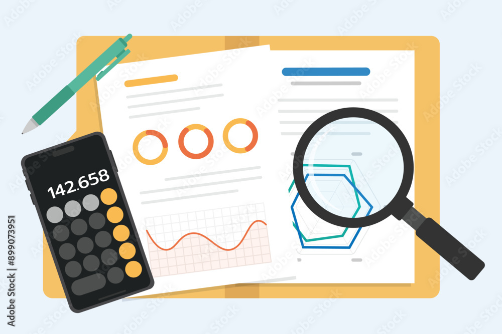 Business document data analysis with magnifying glass and calculator app on phone, Paper sheet with document Folder, Auditing financial documents, flat vector illustration. Business document data analysis with magnifying glass and calculator app on phone, Paper sheet with document Folder, Auditing financial documents, flat vector illustration.