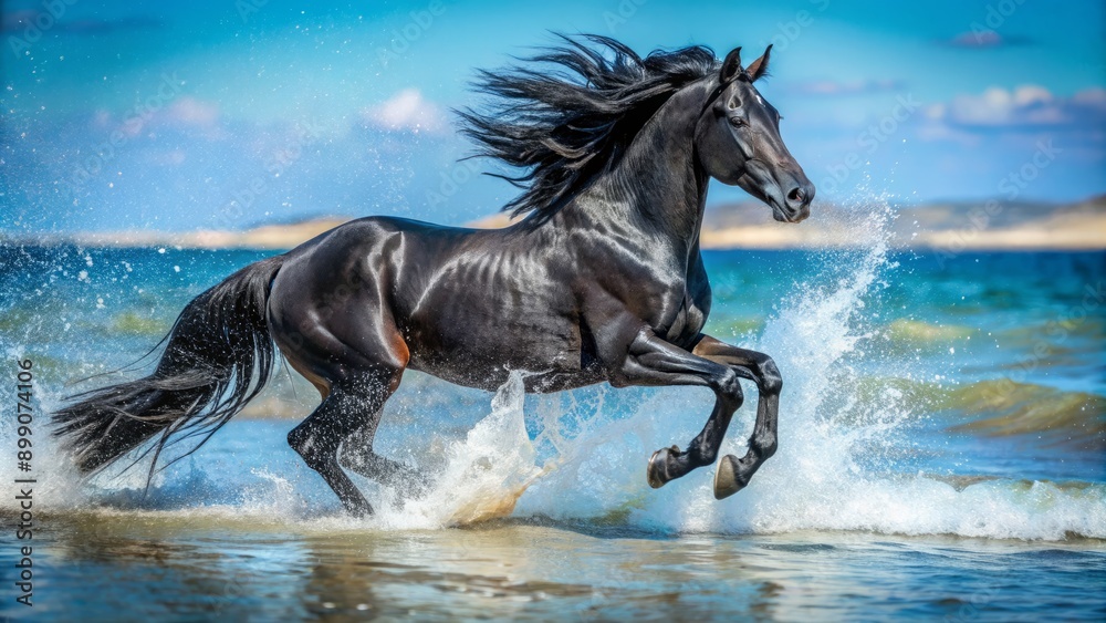 Majestic black horse gallops through shallow crystal-clear water, mane flowing, hooves splashing, creating a mesmerizing display of power, freedom, and natural beauty. Majestic black horse gallops through shallow crystal-clear water, mane flowing, hooves splashing, creating a mesmerizing display of power, freedom, and natural beauty.