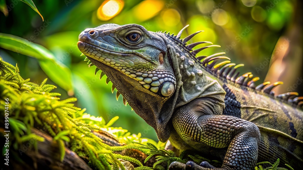 Fototapeta premium Vibrant black iguana basks in dappled sunlight, scaly skin glistening, amidst lush green foliage in Costa Rican rainforest habitat.
