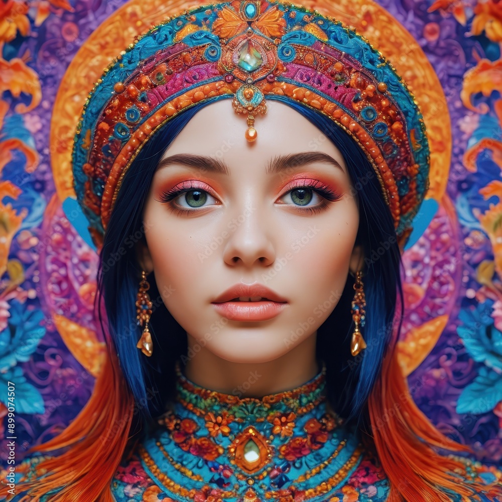 Obraz premium Portrait of a Woman in a Colorful Headpiece.