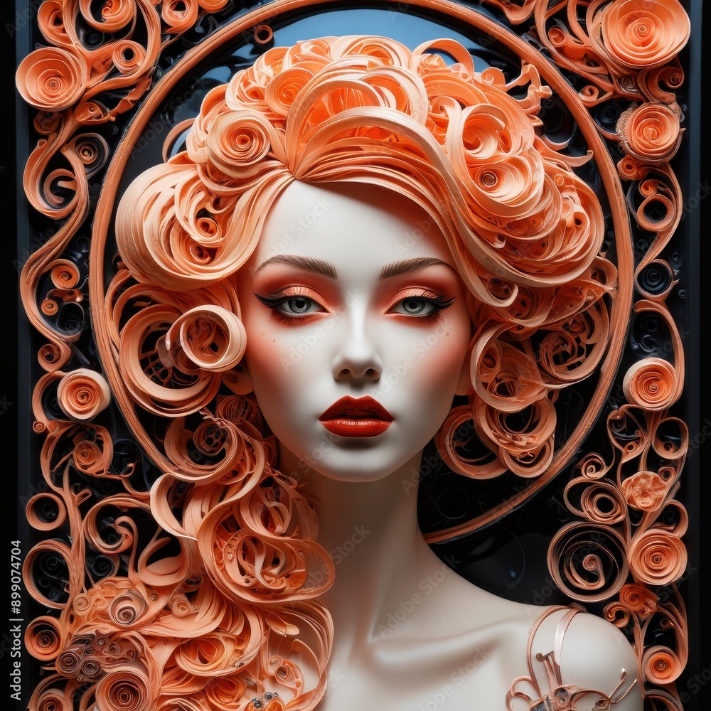 Abstract Portrait with Paper Flowers and Swirls.