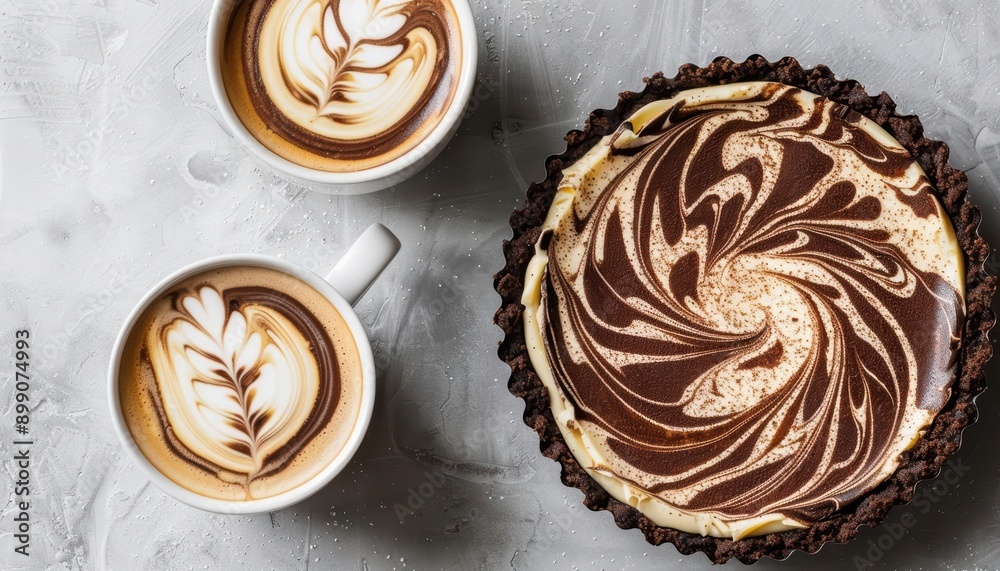 Top view of a chocolate swirl cheesecake with two cups of latte art coffee