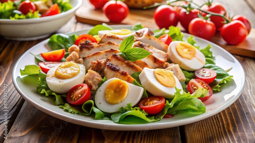 Delicious gourmet salad with crisp romaine lettuce, tender grilled chicken, sliced eggs, and cherry tomatoes on a pristine white plate. Delicious gourmet salad with crisp romaine lettuce, tender grilled chicken, sliced eggs, and cherry tomatoes on a pristine white plate.