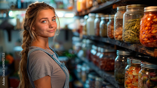 20s white woman, she is organizing a pantry looking at camera, there are jars of food placed on shelves at the kitchen. 