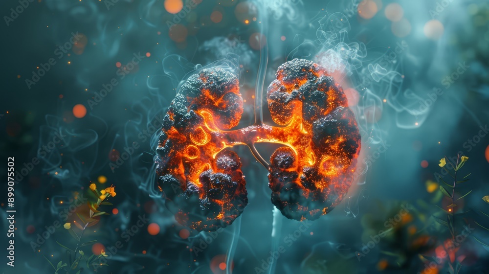 Visual representation of vape effects on kidneys, 3D render of internal health conditions and damage, highly detailed, Visual representation of vape effects on kidneys, 3D render of internal health conditions and damage, highly detailed,