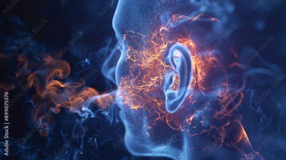 Highly detailed 3D render of vaping causing ear problems, showing internal health conditions and damage, realistic style, Highly detailed 3D render of vaping causing ear problems, showing internal health conditions and damage, realistic style,