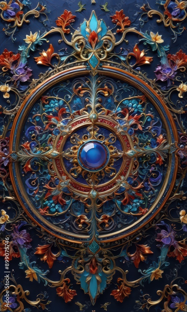 Intricate Floral Rosette Design with Gold and Blue Accents. Intricate Floral Rosette Design with Gold and Blue Accents.
