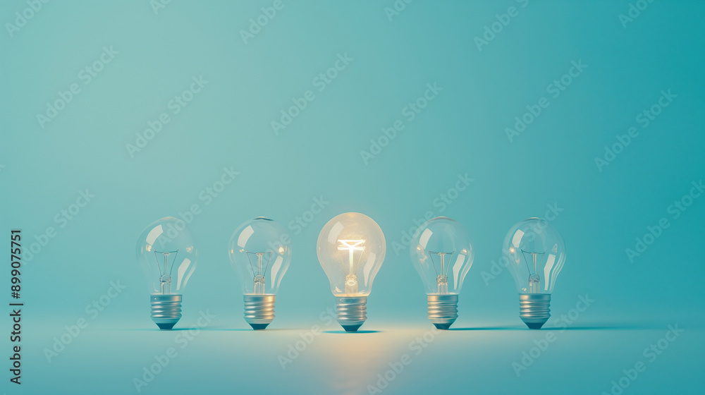 Row of Light Bulbs with One Glowing on Blue Background Symbolizing Innovation Row of Light Bulbs with One Glowing on Blue Background Symbolizing Innovation