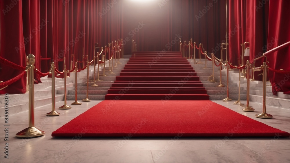 An elegant scene featuring a red carpet leading up a grand staircase, adorned with golden decor and bright lighting. An elegant scene featuring a red carpet leading up a grand staircase, adorned with golden decor and bright lighting.