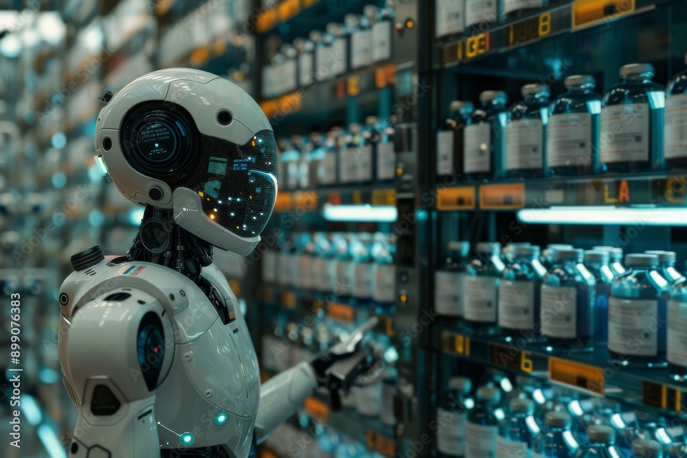 Humanoid robot organizing shelves in a modern warehouse perfect for high tech and automation themes showcasing advanced robotics and efficient design