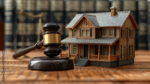Auctioning a seized house, a judge gavel is standing on a desk near a house model, in a courtroom