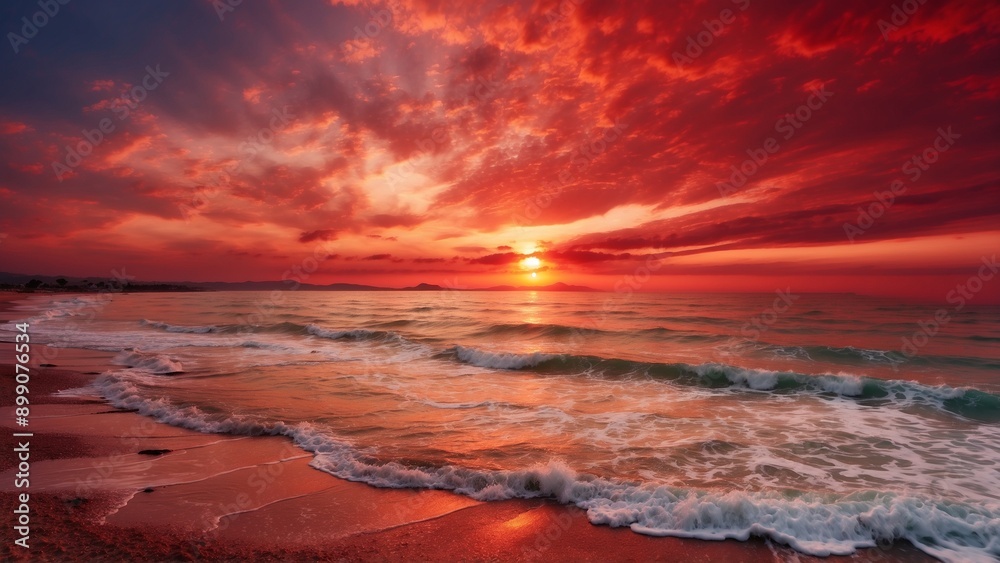 A vibrant red twilight sunset over the ocean waves washing the shoreline, inducing tranquility and awe.