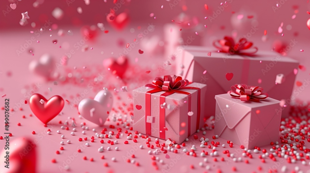 Festive Valentine's Day gifts with hearts and confetti decorations. Festive Valentine's Day gifts with hearts and confetti decorations.