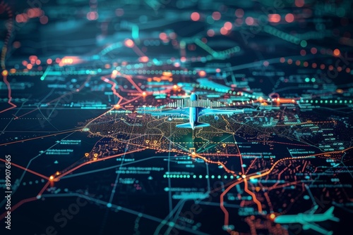 Airplane Flying Over a Digital Cityscape