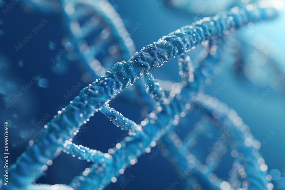 A closeup image of a blue DNA strand with water droplets A closeup image of a blue DNA strand with water droplets