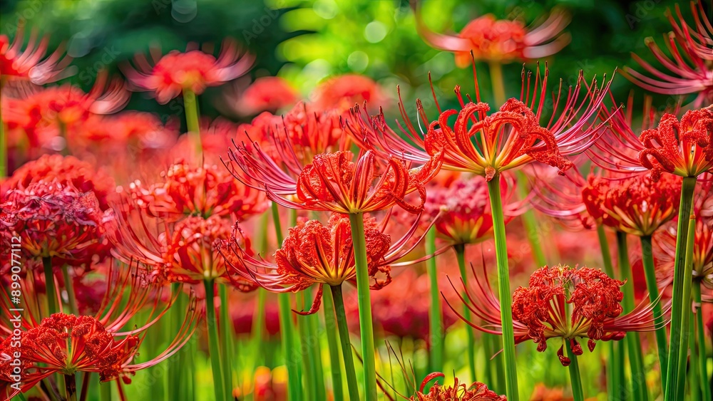 Vibrant red spider lilies blooming in a garden, blooms, flowers, petals, red, vibrant, garden, nature, plant, bloom, close-up Vibrant red spider lilies blooming in a garden, blooms, flowers, petals, red, vibrant, garden, nature, plant, bloom, close-up