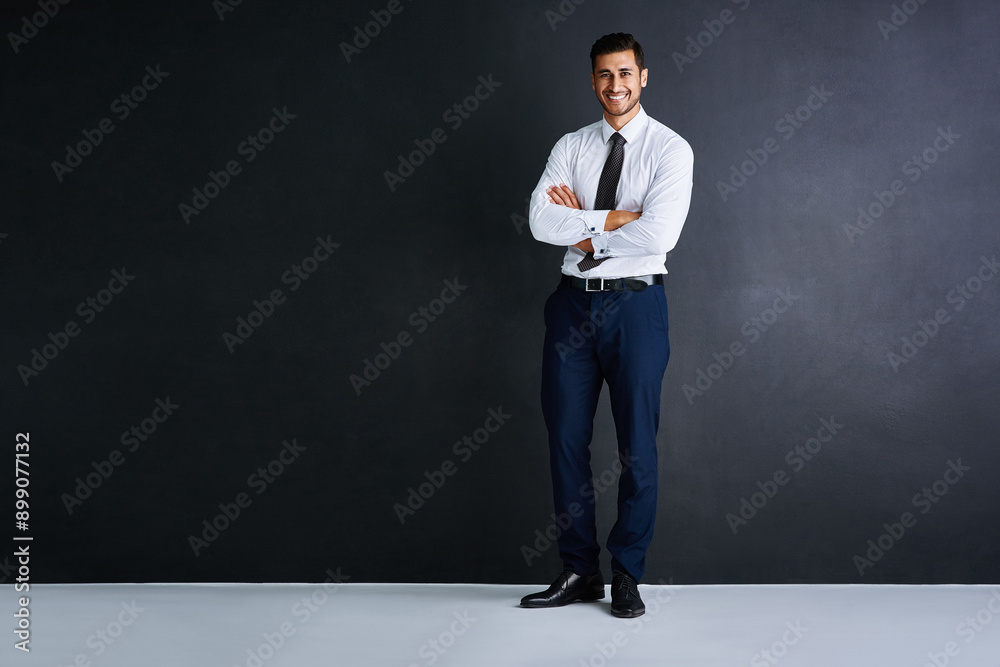 Startup, portrait and Indian man in studio with confidence, mockup and opportunity for business investor. About us, financial consultant or happy project manager on black background with arms crossed Startup, portrait and Indian man in studio with confidence, mockup and opportunity for business investor. About us, financial consultant or happy project manager on black background with arms crossed