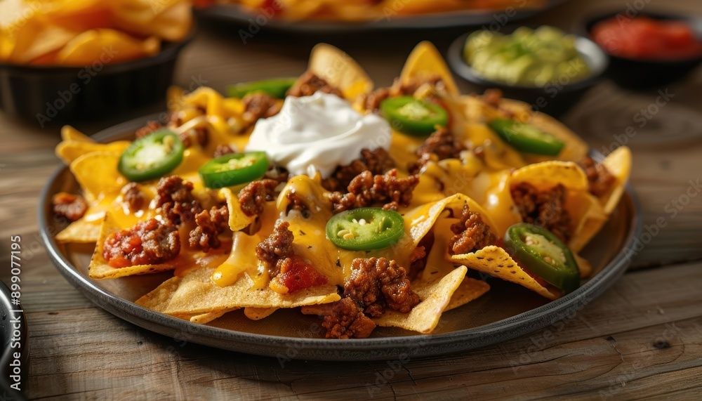 Close-up of a plate of nachos with ground beef, cheese, sour cream, and jalapenos. Close-up of a plate of nachos with ground beef, cheese, sour cream, and jalapenos.
