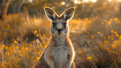 Red kangaroo is posing in a field of yellow flowers with the setting sun creating a warm glow