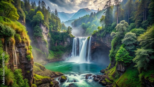 Majestic waterfall plunges down rugged cliff, surrounded by towering trees, amidst serene emerald-hued gorge, veiled in misty atmospheric tranquility.
