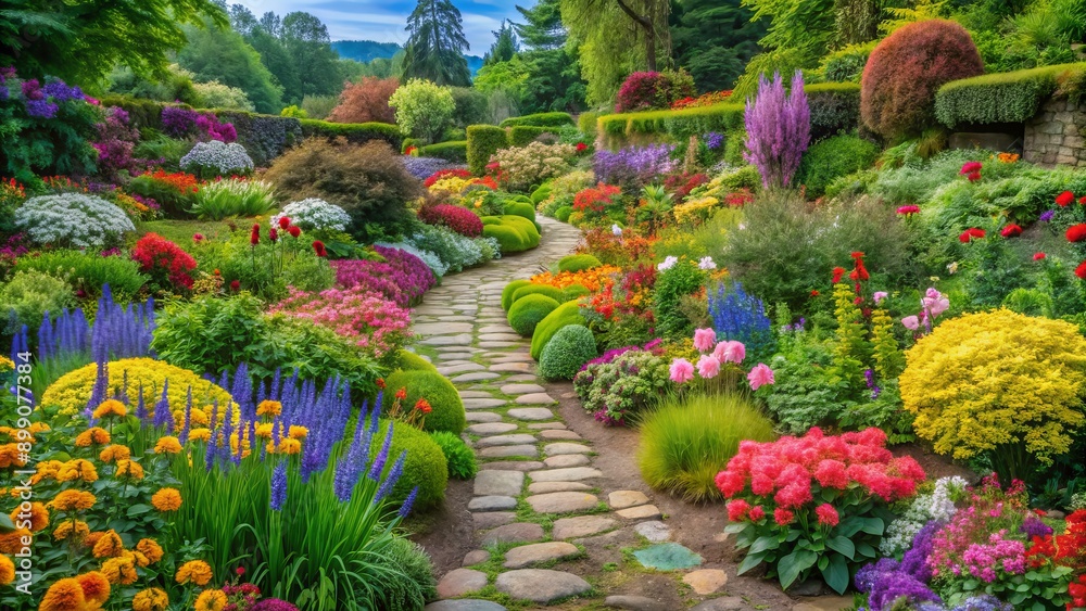 Vibrant blooming flowers of various colors and species are beautifully arranged in a picturesque garden with lush greenery and stone pathways. Vibrant blooming flowers of various colors and species are beautifully arranged in a picturesque garden with lush greenery and stone pathways.