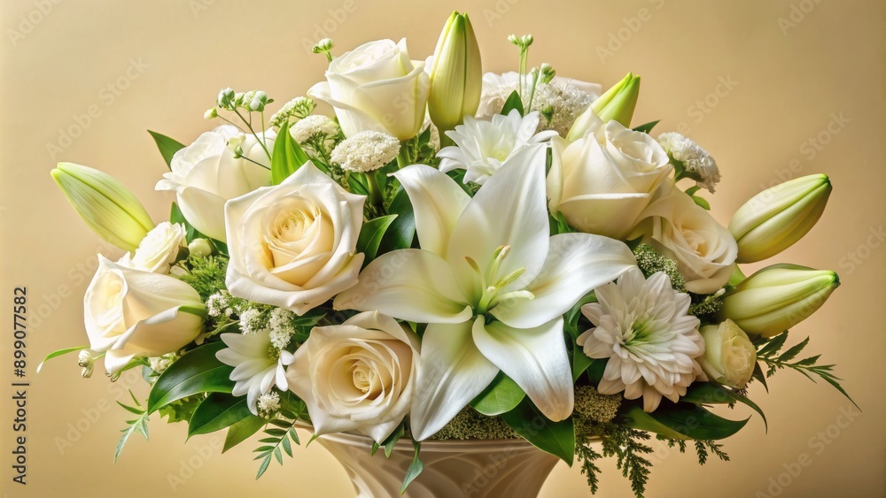 Obraz premium Elegant arrangement of fresh white roses, lilies, and carnations, delicate petals and lush greenery, against a soft creamy background.