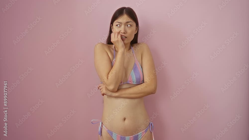 Nervous young chinese woman wearing bikini looking stressed with anxiety, biting nails with hands over mouth, isolated on pink background Nervous young chinese woman wearing bikini looking stressed with anxiety, biting nails with hands over mouth, isolated on pink background