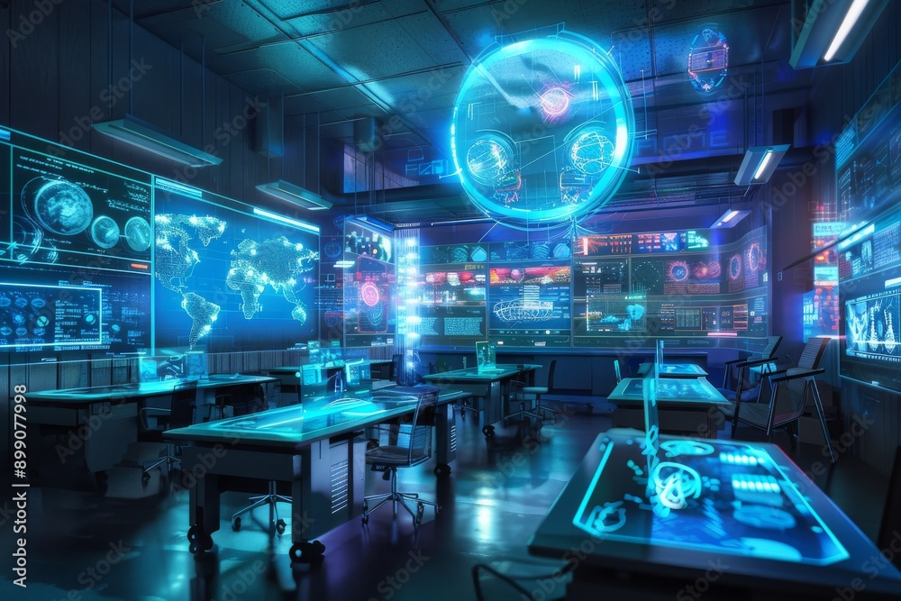 Futuristic Control Room with Holographic Displays Futuristic Control Room with Holographic Displays