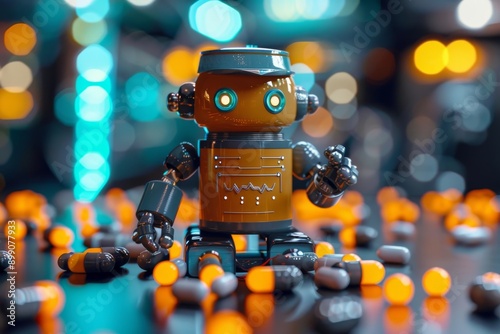 Small orange robot with glowing lights perfect for futuristic and high tech themes showcasing modern technology and innovative design