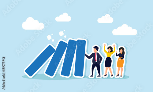 Reliable and skillful leadership protects, solves problems, and ensures trust and responsibility with support, concept of reliable businessman leader protect domino from collapse on colleagues.