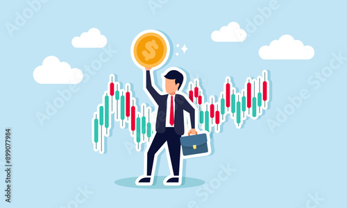 Stock market trader uses technical analysis to buy and sell stocks for profit, focusing on investment and wealth management, concept of businessman trader hold money dollar coin with chart and graph.