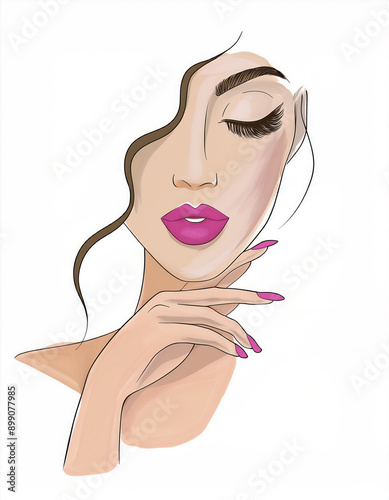 Beautiful sexy face, red lips, hand with red manicure nails, fashion woman, design