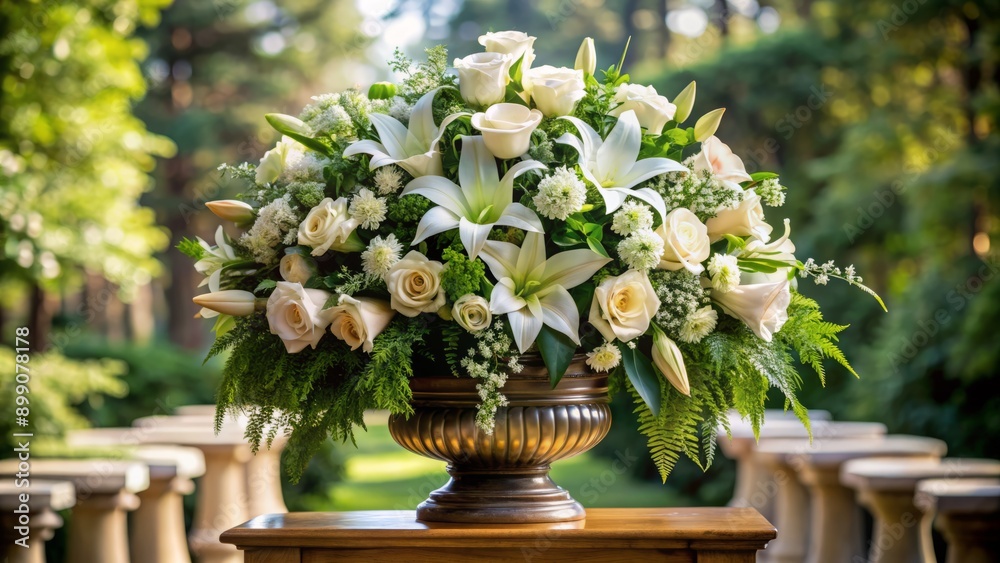 Delicate white lilies and roses arranged in ornate vase surrounded by lush greenery on solemn funeral ceremony pedestal display. Delicate white lilies and roses arranged in ornate vase surrounded by lush greenery on solemn funeral ceremony pedestal display.
