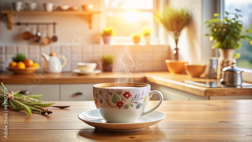 Wallpaper Mural Serene morning scene featuring a delightful coffee cup with playful illustrations amidst a warm and inviting coffee-scented kitchen atmosphere. Torontodigital.ca