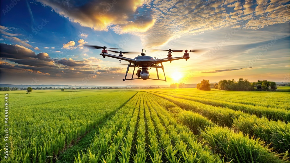 Fototapeta premium Agriculture monitoring drone flying over a green field during daylight, agriculture, monitoring, drone, technology