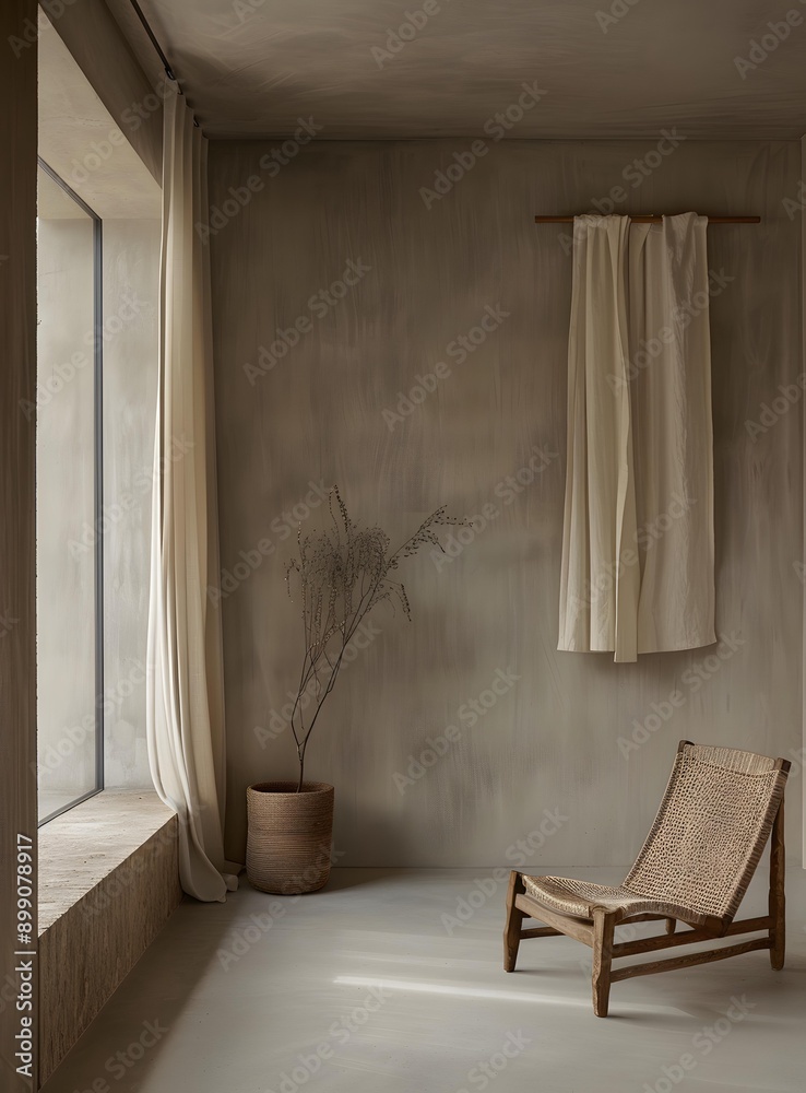 Minimalist Living Room with a Woven Chair and Neutral Color Palette Minimalist Living Room with a Woven Chair and Neutral Color Palette
