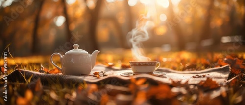 Teapot and cup of tea in autumn leaves