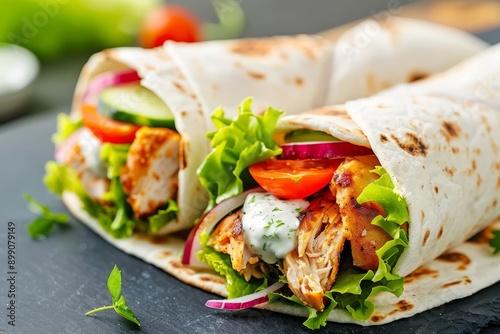 Closeup of a Delicious Chicken Wrap with Fresh Vegetables photo